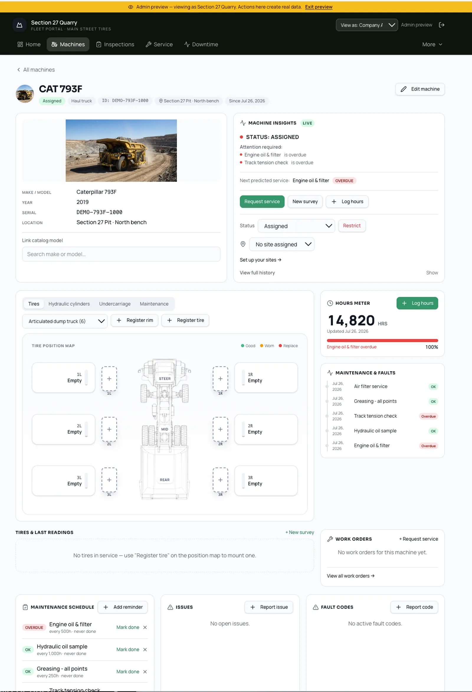 McQuays fleet system machine record with machine insights, tire position map, hours meter, maintenance schedule, and work orders