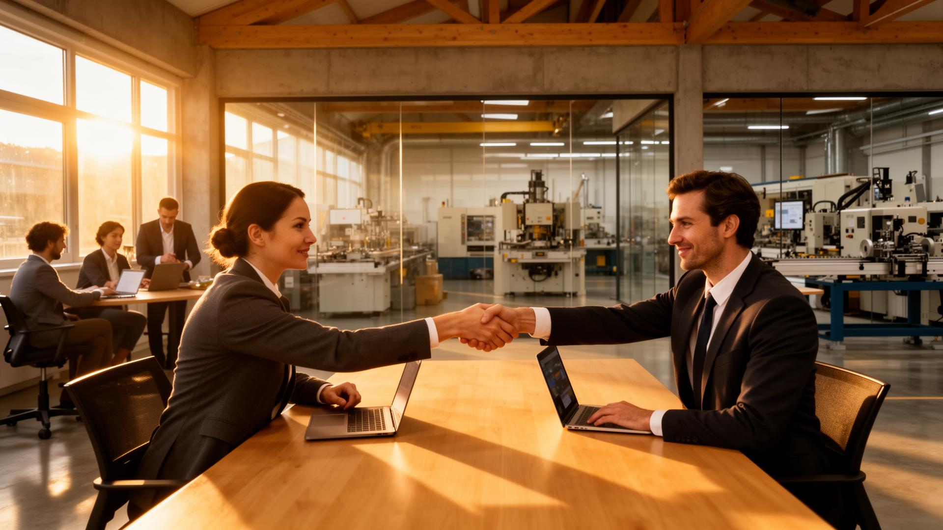 Sales and partner operations team collaborating in a modern manufacturing facility