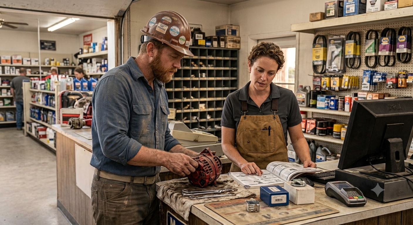 Counter team reviewing a parts catalog at a service desk