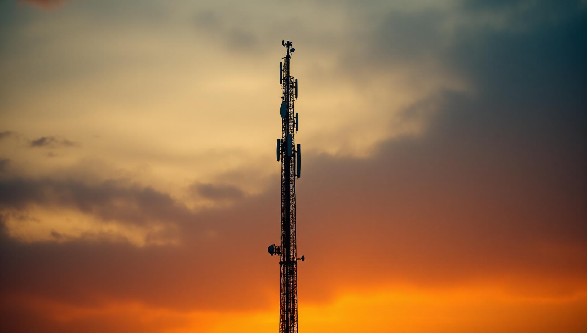 Telecom cell tower silhouetted against a dusk sky